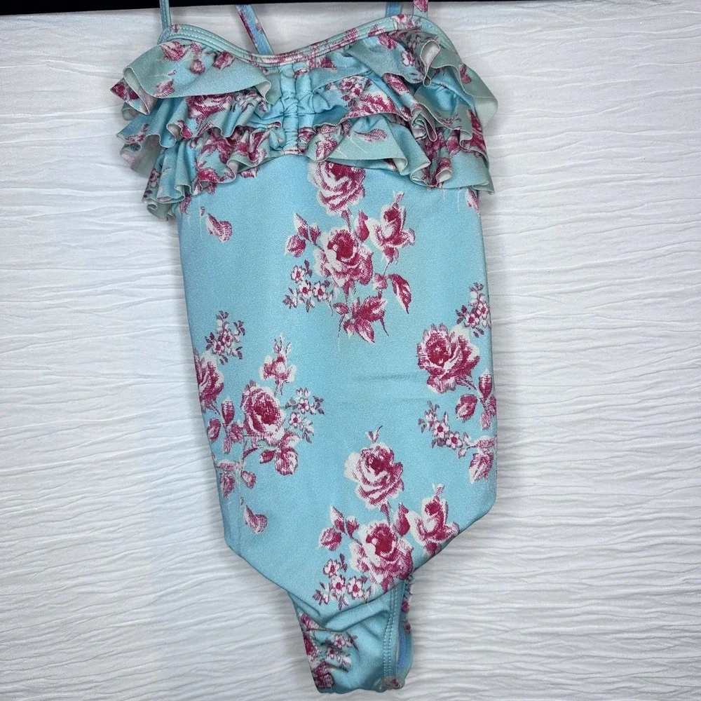 Janie and Jack‎ Pink Floral Blue Ruffle Swimsuit One Piece Girl's Size 6